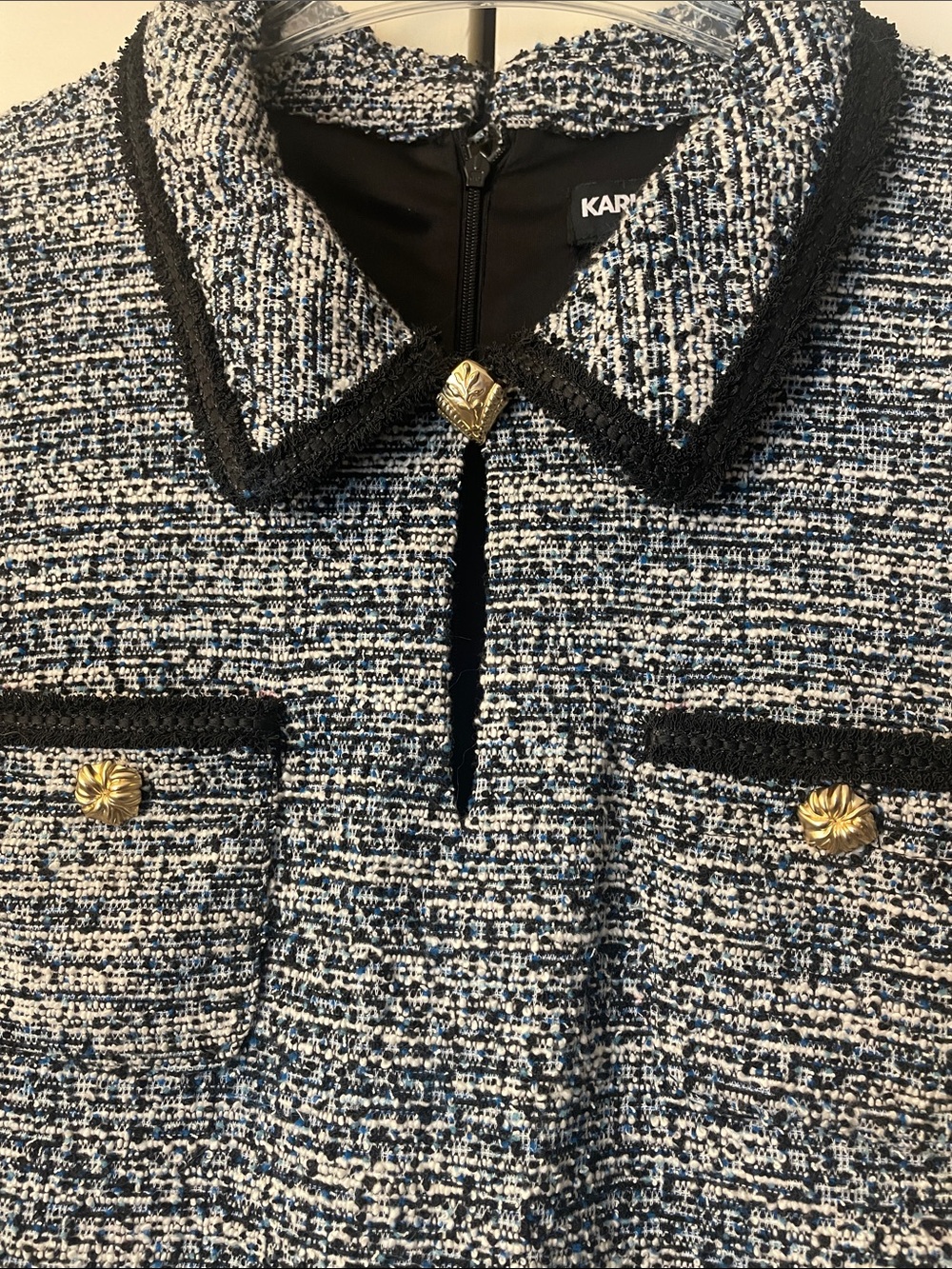 NWT Karl Lagerfeld Tweed knit short sleeve shirt dress Sz 16 Black, white, blue - Picture 2 of 9